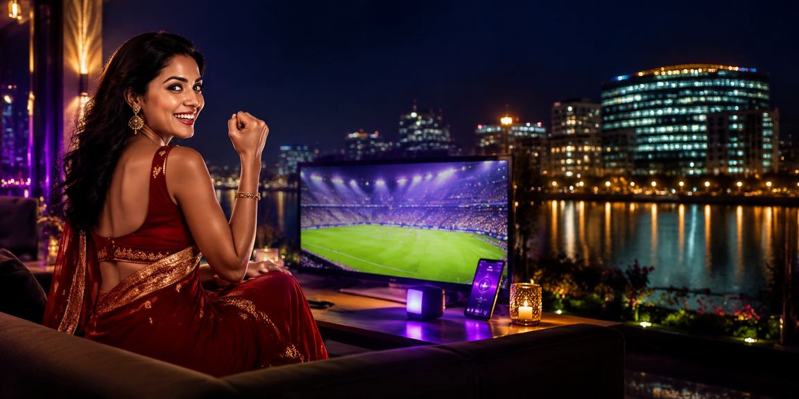 Indian football betting enthusiast in traditional saree